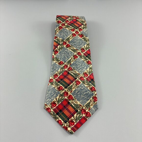 417 Van Heusen Red Plaid Floral Men's Extra Long Tie 4" x 62" - Picture 1 of 3
